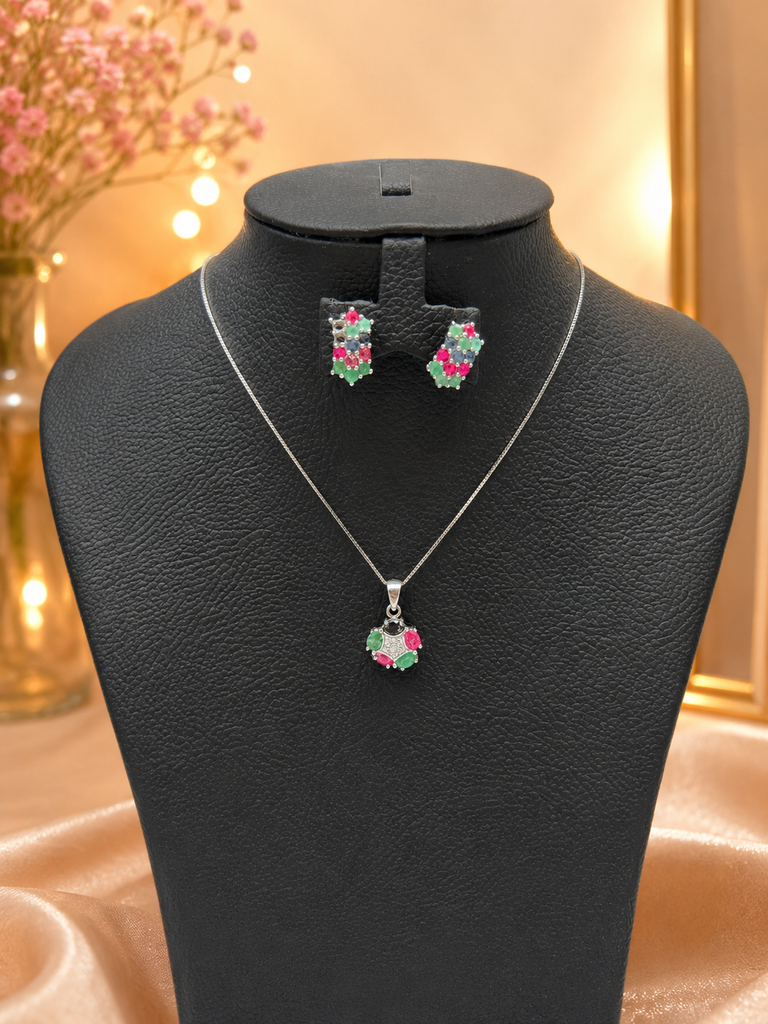 Buy Silver Set Mixed Stone (Emerald&Ruby) Earing (Pair) Online UAE | Eleganza Silver Jewellery