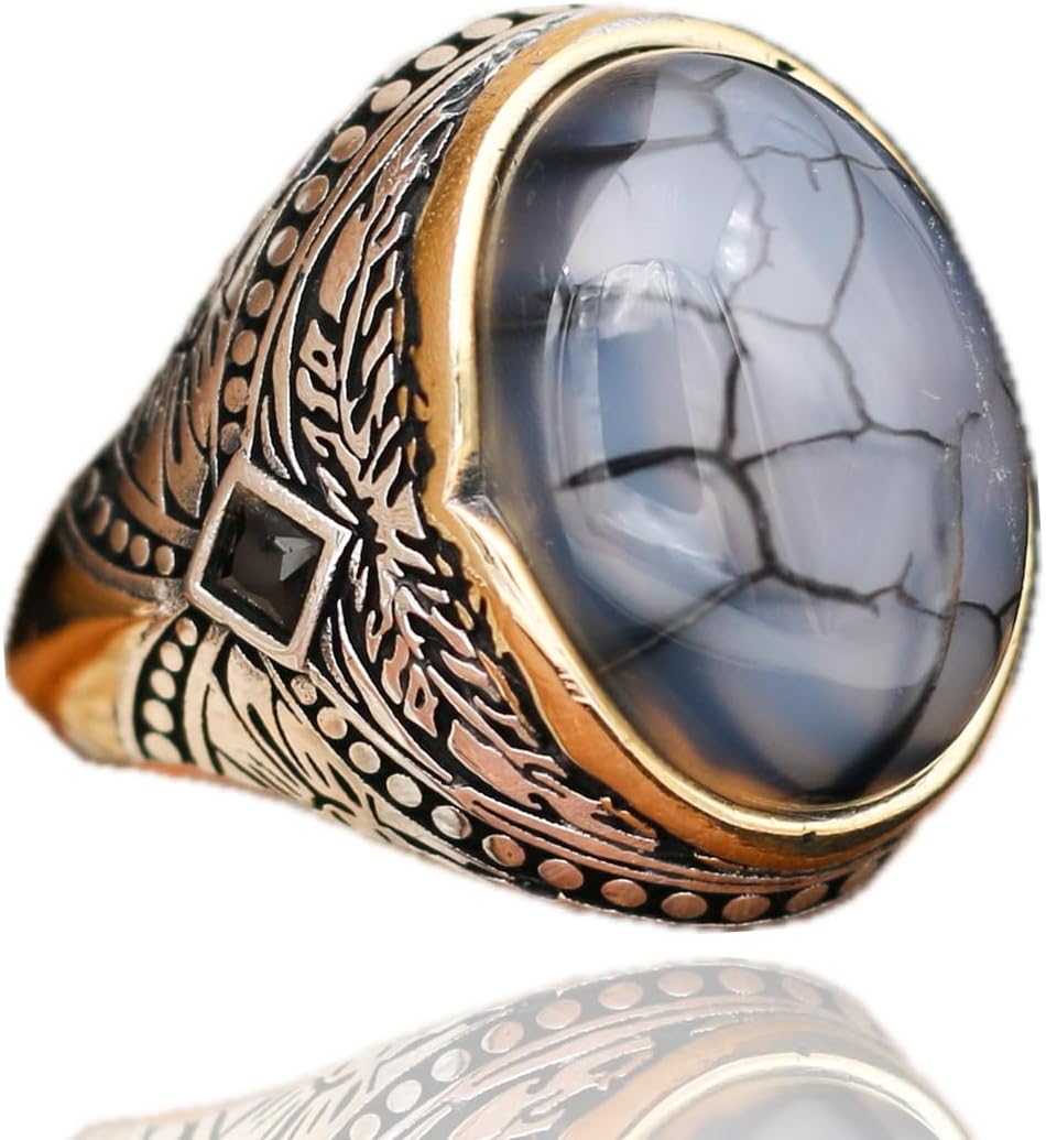 Mens Silver Ring Agate - Genuine Gemstone Silver Ring for Men UAE