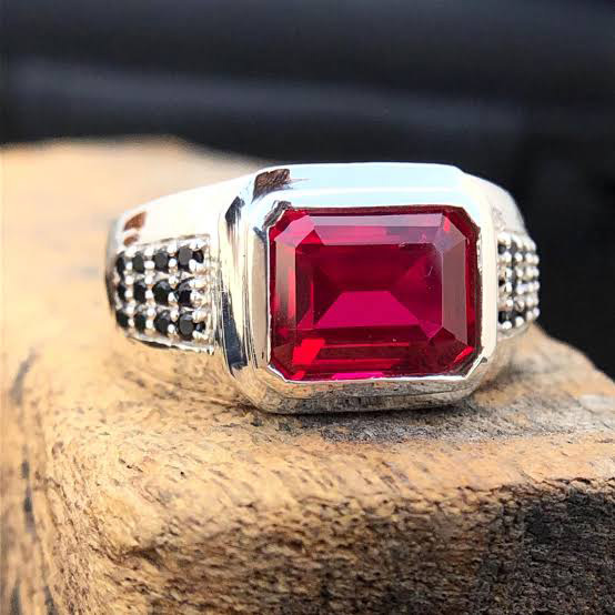 Men Silver Ring Synthetic Ruby - Genuine Gemstone Ring for Men UAE