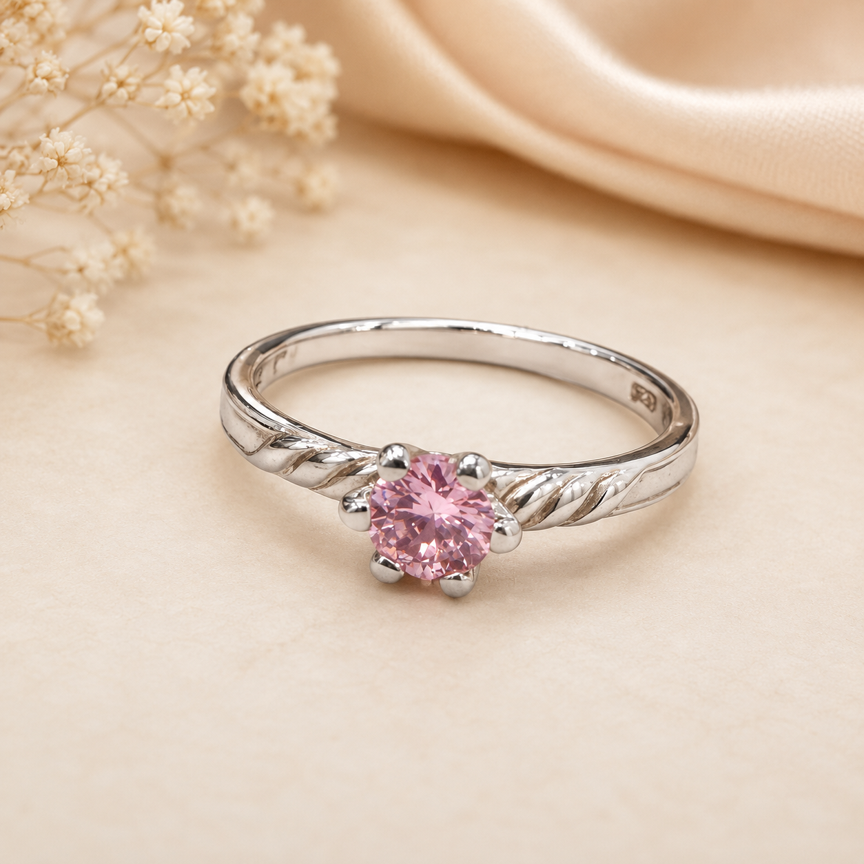 ladies silver ring round 3(pink)