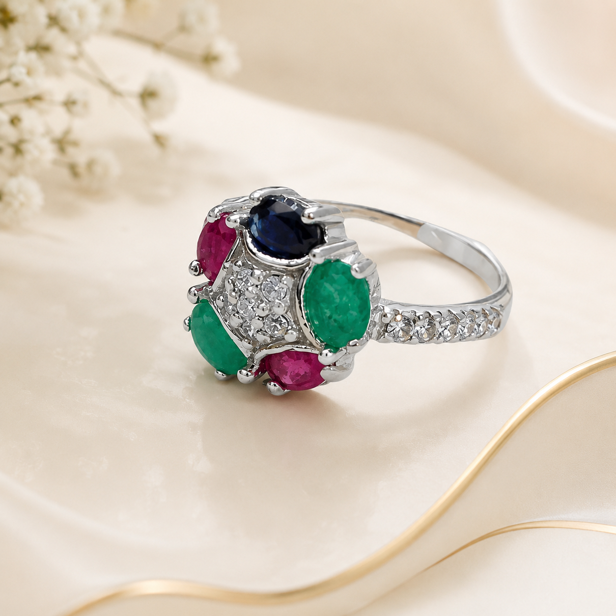 ladies silver ring mixed stones 10