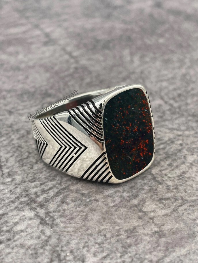 Men Silver Ring Blood Stone - Genuine Gemstone Ring for Men UAE